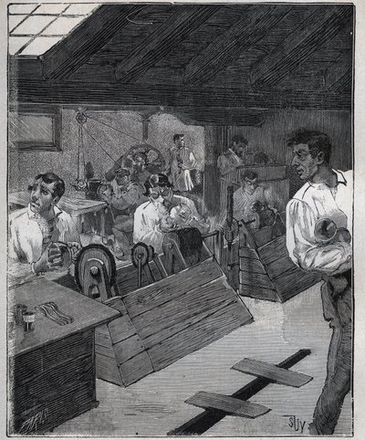 ガルバニックギルディング：スクレーパーボースで金の宝石を削ること。Adolphe BITARDの "Les arts et metiers illustres "に掲載された1885年のエングレーヴィング。 作： Unknown artist