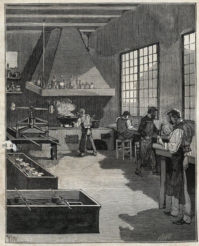 ガルバニック金型職人：金型の準備。Adolphe BITARDの "Les arts et metiers illustres "に掲載された1885年の図版。 作： Unknown artist