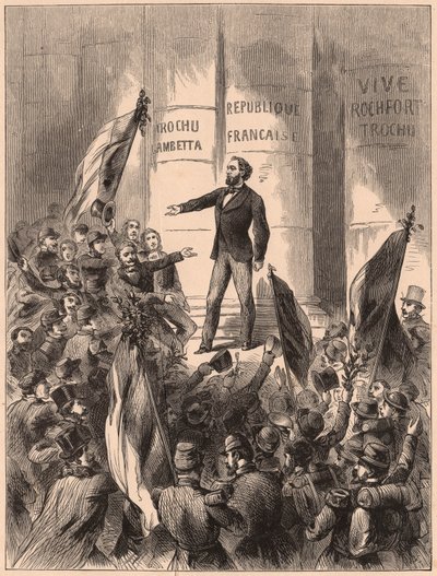 パリのオテルドヴィルの階段にあるガンベッタは、1870年のプロイセン戦争でのセダンの戦いでナポレオン3世を占領した後、共和国を宣言しました。 作： Unknown