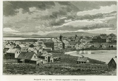 レイキャビクの全景。The new expedition of Professor Nils Adolf Erik (Eric) Baron Nordenskjold (Nordenskiold) (1832-1901) in Greenland, by Charles Rabot, in the tour du monde 1886, under the guidance of Edouard Char...というストーリーを説明するためのエングレーヴィング。 作： Unknown artist