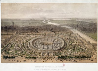 パリのトロカデロから撮影された1867年の万国博覧会の全景：シャン・ド・マルスとセーヌ川に架かるイエナ橋。19世紀のリトグラフ。パリ、オルセー美術館（Musee d
