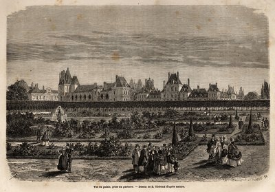 フォンテーヌブローの宮殿と庭園を床から撮影した全体図。1867年にM.Paysが「Le tour du monde, nouveau journal des voyages」に掲載したフォンテーヌブローの城と森の記述を説明するためのエングレーヴィング。 作： Unknown artist