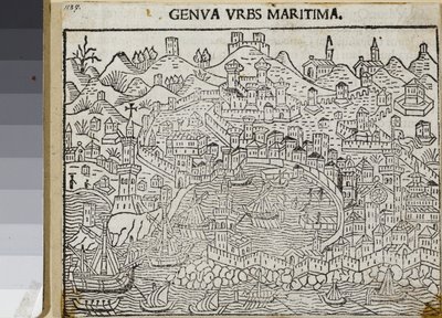海事都市ジェノヴァ、「Supplementumchronarum」より、Jacopo Filippo Foresti作、ベネチア1486年（木版画） 作： Unknown artist