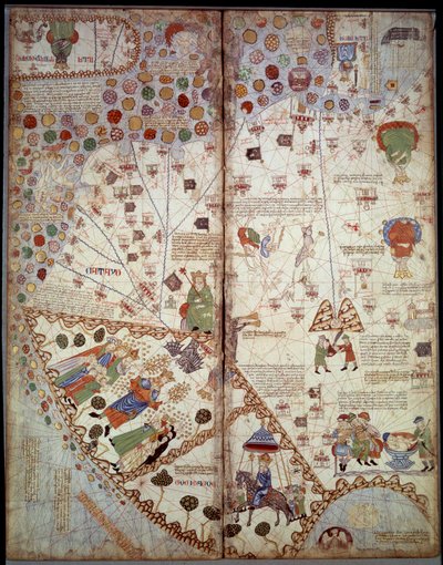 地理的な地図中国、ガンジス川流域、スマトラ島、セイラン島。Catalan Atlas (Catalan map) (スペイン)。アブラハム・クレスケによる1375年の写本（フォリオ2v〜フォリオ3）。BN、パリ 作： Unknown artist