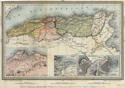アルジェリアの地理的な地図と、アルジェ、オラン、コンスタンティンの各州の詳細。 作： Unknown artist