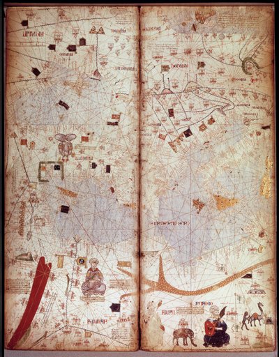 メディテラニーの地理的な地図。カタルーニャ・アトラス（カタルーニャ地図）（スペイン）。アブラハム・クレスケによる1375年の写本（フォリオ4）。BN、パリ 作： Unknown artist