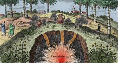 地質学：地球の皮を切ることで、地球からの火の出口を説明する。ヨハン・ザーン（1631-1707）の「Mundi Mirabilis Oeconomia」からの版画 作： Unknown artist
