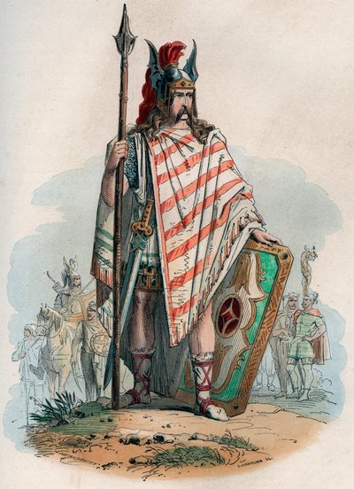 ゲルマン族の酋長（ドイツの野蛮人）。テオドール・ジュスト（1818-1888）の「Histoire de Belgique from the primitive times to the end of the regne of Leopold I」に掲載された1868年のエングレーヴィング。個人蔵。 作： Unknown artist