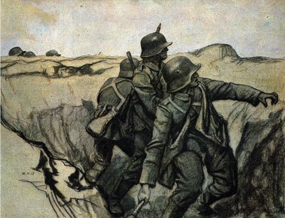 塹壕から敵軍に向かって手榴弾を投げるドイツ兵。26/5/1917. 作： Unknown Artist
