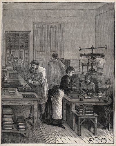 19世紀のフランスの工房で、鉄で本（カバー）に金メッキを施したもの。Adolphe BITARDの "Les arts et metiers illustres "に掲載された1885年のエングレーヴィング。 作： Unknown artist
