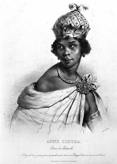 マタンバとアンゴラのキロンボラ族の女王、ギンガ。アンゴラの女王、アンヌ・ジンガ。(1587-1663). 作： Unknown artist