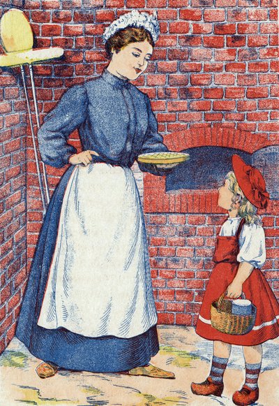 そのケーキとバターの入った鍋をおばあちゃんに持って行ってあげなさい。フランスの作家、シャルル・ペロー（1628-1703）の物語「赤ずきんちゃん」の匿名のイラスト。イメージ：Marcel Vagne, Jarville Nancy, undated (19世紀後半). 作： Unknown artist
