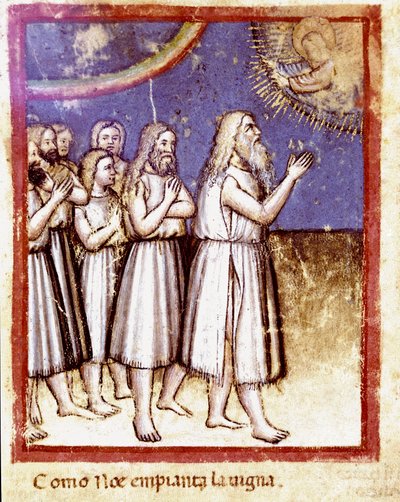 神は大洪水の生存者であるノエとその家族を祝福した 写本212（またはpadovano codice、パドヴァの聖書）のミニチュア 1390-1400年 Rovigo, Accademia dei Concordi 作： Unknown artist