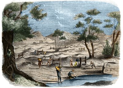 オーストラリアのゴールドラッシュ：ベンディゴ市の金鉱での探鉱者の姿。1856年に制作された "Le Musee Des Sciences "の版画 作： Unknown artist