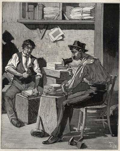 ゴールドビーター。Adolphe BITARDの "Les arts et metiers illustres "に掲載された1885年のエングレーヴィング。 作： Unknown artist