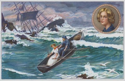 1838年、難破船 "フォルファーシャー号 "の生存者を救出するため、父とともに漕ぎ出すグレース・ダーリング。(クロモリソ) 作： Unknown artist