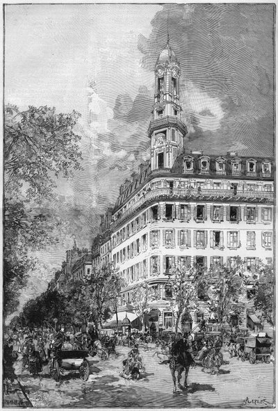 パリの大通りとオスマン様式の建物：Hotel de la Compagnie "La New York" boulevard des Italiens（ホテル・デ・ラ・ニューヨーク）。Le Monde Illustre "に掲載された版画。 作： Unknown artist