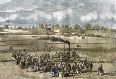 グレートブリテン農業、耕作風景。1854年、Louthの近くで行われたBoydell steam plow。(Louthの近くでBoydellのエンジンを使って蒸気で耕す)。 作： Unknown artist