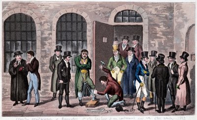 イギリスの刑務所。ロンドンのニューゲート刑務所（チャールズ・ディケンズの小説でよく登場する）には死刑判決が下されている。1823年頃のエングレーヴィング。ビルビオテーク・オブ・デコラティブ・アート。 作： Unknown artist