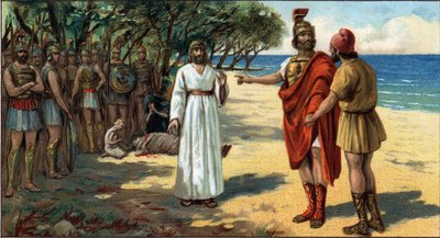 ギリシャの偉大な悲劇"ソフォクレスの「エイジャックス」は450年から440年に書かれた作品である。死んだエイジャックスの遺体を発見し、妻のテクマセと息子のエウリュソスが泣いている。手前はエイジャックスの弟で、兄の最後の名誉を得ようと努力するテューサー。アガメムノン（右 作： Unknown artist