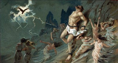 ギリシャの偉大な悲劇アイスキュロスの「プロメテウス・アンケーヌ」。プロメテウスは、人間を創造して天火をもたらしたジュピターの命により、スキタイの砂漠で岩に鎖でつながれていた。そこで鷲に肝臓をかじられ、常に生まれ変わっていた。プロメテウスの結末 作： Unknown artist
