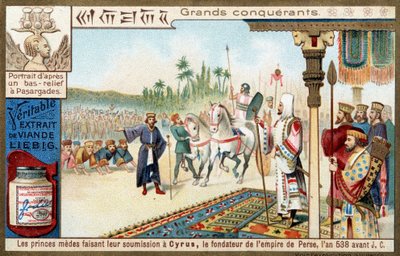 偉大な征服者：紀元前538年にペルシャ帝国を建国したキュロス2世（紀元前559～529年）に服従するメデス人の王子たち - リービッヒ・クロモリトグラフィー 作： Unknown artist