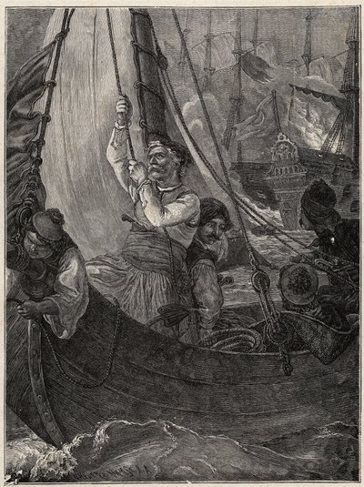 ギリシャ独立戦争 1821年～1829年：キオス島手前でトルコ艦隊の旗艦を焼くコンスタンティヌス（コンスタンティノス）・カナリス（Konstantinos Canaris 作： Unknown artist