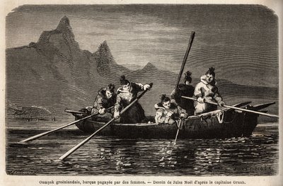 グリーンランドのウミアック、女性が操る船の一種。1860年から1862年にかけて、アメリカ海軍の外科医ヘイズ博士が行った北極圏の自由海への航海を描いたもので、「Le tour du monde, nouveau journal des voyages」に掲載されている。 作： Unknown artist