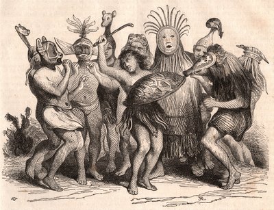 衣装、マスク、伝統的な頭飾りで踊るブラジルの野蛮人のグループ 作： Unknown