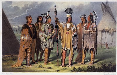 6人のインディアンの酋長のグループ - Paul Kane著「Wandering of an artist among the indians of North America」（Longmans & Roberts, London）より 作： Unknown artist