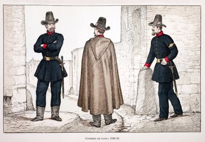 ガーディアンズ・オブ・ザ・ピース（1848-1849）。アルフレッド・レイ(1864-?)とルイ・フェロンによるセーヌ川警部のルイ・ルピーヌ(1846-1933)の後援で出版された本「平和の戦士たちの歴史」の挿絵のためのカラー・エッチング。 作： Unknown artist