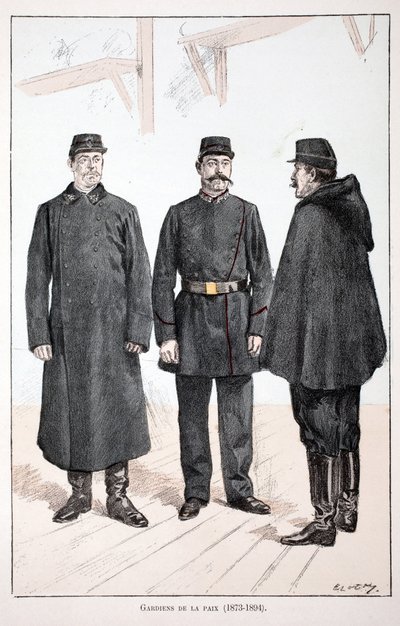 ガーディアンズ・オブ・ザ・ピース（1873年～1894年）。アルフレッド・レイ(1864-?)とルイ・フェロンによるセーヌ川警部のルイ・ルピーヌ(1846-1933)の後援で出版された本「平和の戦士たちの歴史」の挿絵のためのカラー・エッチング。 作： Unknown artist
