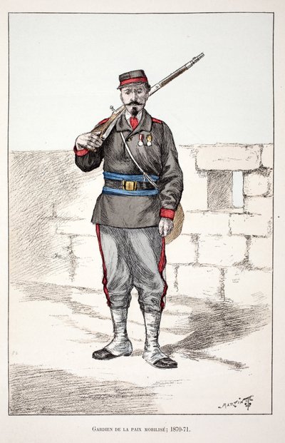 平和の守護者が動員される（1870～1871年）。アルフレッド・レイ(1864-)とローがセーヌ川警部のルイ・ルピーヌ(1846-1933)の後援で出版した本「平和の戦士たちの歴史」の挿絵のためのカラー・エッチング。 作： Unknown artist