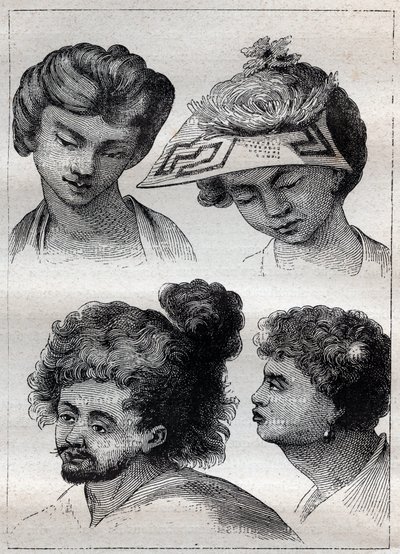 タイティ（タヒチ）の住人のヘアスタイル - "The Great Mariners of the 18th century "から引用したイラスト 作： Unknown artist
