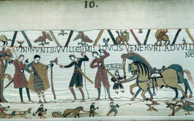 ハロルドは、ノルマンディー公ウィリアム・ザ・コンケラント（1027-1087）に、エドワード懺悔王の死後、イングランドの王位を継承することを伝えに来たが、ギー・ド・ポンチュー伯爵に捕らえられてしまった。ノルマンディー公爵は使者を送り 作： Unknown artist
