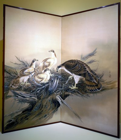 鷹、巣、壊れた木（シルクにインクと色） 作： Unknown artist