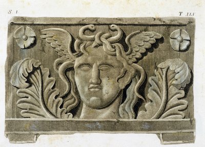 ゴルゴーン三兄弟の一人、メドゥーサの頭部、石の浅浮彫り-「Monumenti Etruschi」に掲載。 作： Unknown artist