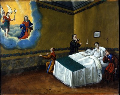 病人を癒す様子。1840年にモンツァのマリア・デレ・グラツィエの聖地から出土したex voto。 作： Unknown artist