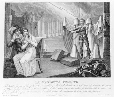 天の復讐-新刊『The Vampire』によると、最初はイギリスの詩人バイロン卿（1788-1824）、次に秘書のポリドリによる。1816. 作： Unknown artist