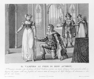 天の復讐-新刊『The Vampire』によると、最初はイギリスの詩人バイロン卿（1788-1824）、次に秘書のポリドリによる。1816. 作： Unknown artist