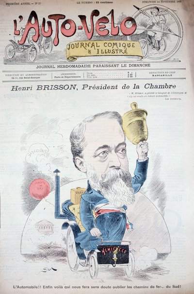 自動車に乗ったアンリ・ブリッソン（会議所会長）-1897年11月14日付「自動車」（パリ市立図書館）。 作： Unknown artist