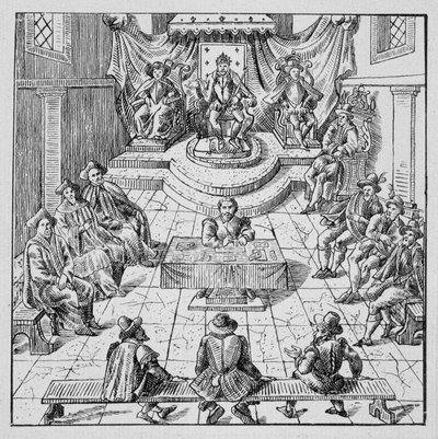 1576年にブロワで開催されたエステイト・ジェネラルを開催するアンリ3世（1551 - 1589） - 「1562年から1586年までのフランスの災難を表す39の図像コレクション」（ルイ・ペラン印刷）より 作： Unknown artist