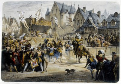 アンリ2世（1519年～1559年）、1559年6月29日のトーナメントでモンゴメリーに致命的な傷を負わされる、サン・アントワンヌ通り、トゥルネル宮の前 - リトグラフ 作： Unknown artist
