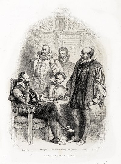 アンリ4世（1553 - 1610）とその大臣たち。テオドール・アグリッパ・ドービーニュ（1552-1630）、フィリップ・ドゥ・モルネイ（プレシ・マルリーの領主、ディット・デュプレシス・モルネイ）（1549-1623）、ニコラ・ドゥ・ヌーヴィル・ドゥ・ヴィレロイ（1542-1617）、サリー公マクシミリアン・ドゥ・ベスーン（1560-16 作： Unknown artist