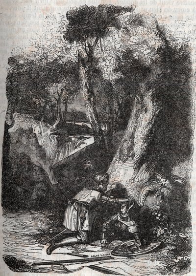 ヘルモニデスが転覆してゼルビンに救出される-1851年、ルドヴィコ・アリオストの「激情のロラン」（Orlando furioso）（16世紀）のエングレーヴィング、通称「アリオスタ」-トレッサン伯爵がイタリア語から翻訳し、ギュスターヴ・ハーヴァードが1851年に出版した版。 作： Unknown artist