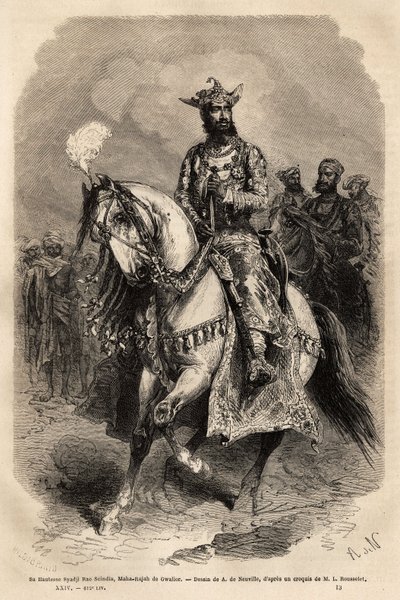 グワリオル（現在のマディヤ・プラデーシュ州）のマハラジャ、シャジ・ラーオ・シンディア殿下（1846-1886）。ルイ・ルースレが1864年から1868年にかけて描いた「ラジャのインドを描くためのエングレーヴ」（1872年、エドゥアール・シャルトン編『世界旅行』に掲載）。 作： Unknown artist