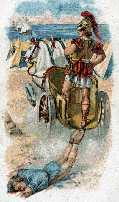 アキレスの生涯の歴史、トロイア戦争の伝説の英雄たち：アキレスは戦車の後ろでヘクトルの死体を水に流す。1890年のクロモリトグラフ。 作： Unknown artist