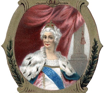 ロシアの歴史。ロシアのエカテリーナ2世（1729-1796）の肖像。19世紀末のクロモリトグラフ。 作： Unknown artist
