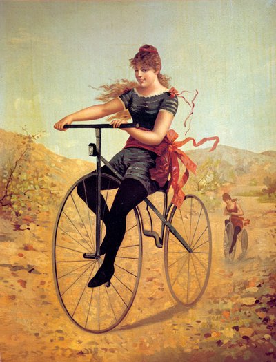 自転車の歴史：ベロシペディスト、または自転車を漕ぐ女性。19世紀の版画 作： Unknown artist