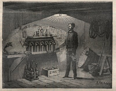 家庭用電気製品。ラディゲが発明した電池の地下室への設置 - Engraving In "La Science francaise" 作： Unknown artist